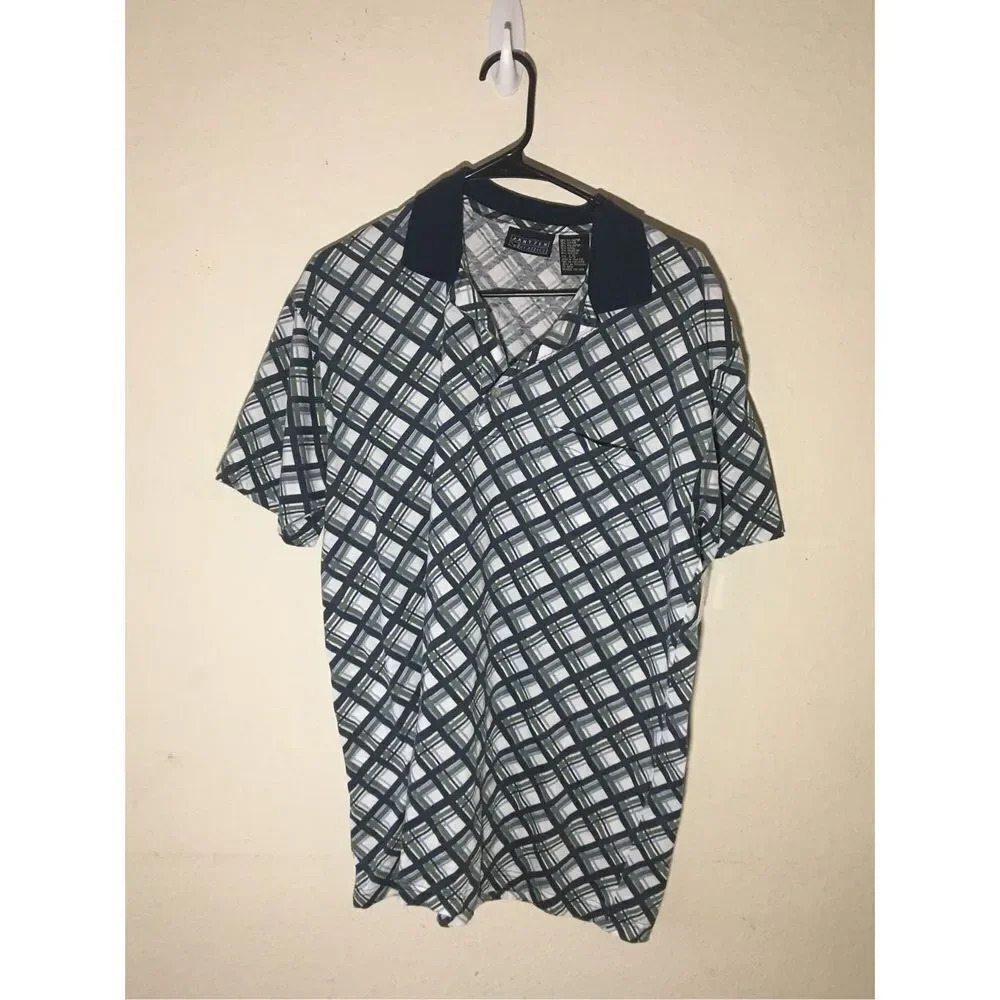 Mens Jantzen Polo Size Large Green Navy White Diagonal Box Plaid Pattern Casual